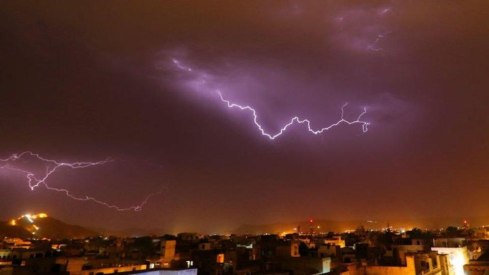 lightning strikes tower near Amer fort